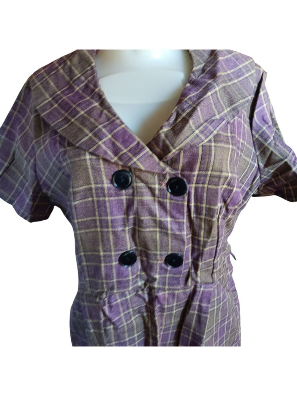 Vintage 14 Dress 1950's Plaid Double-Breasted Handmade 1of1 MCM Purple/Gold
